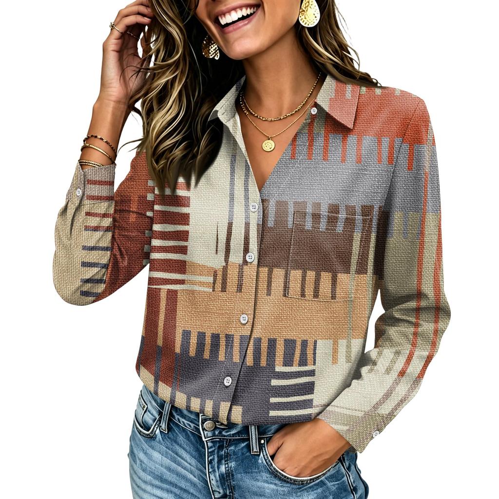 Women's Long Sleeve Button Down Shirt with Pocket, Color Casual Top for Everyday Wear