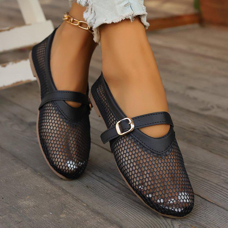 Women's Summer Hollow Mesh Mary Jane Flat Sandals with Round Toe and Buckle Strap