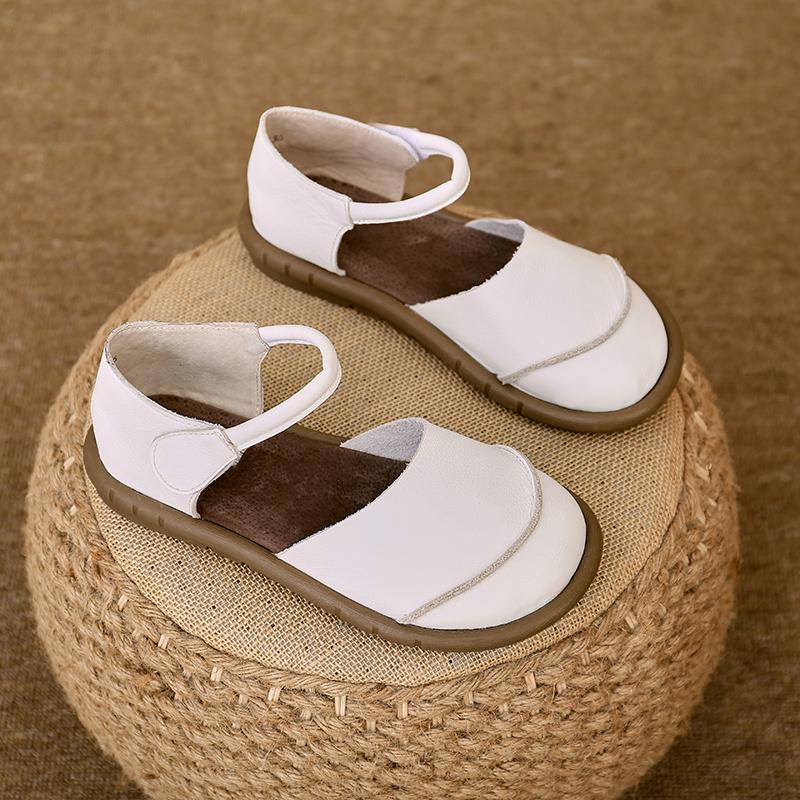 Retro Classic Round Head Brown Leather Flat Comfortable Sandals 2025 Summer Trend New Ladies Casual Outdoor Daily Women's Shoes