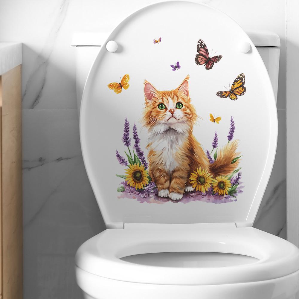 Playful Cat with Flowers and Butterfly Toilet Sticker Waterproof Self-Adhesive Removable Decal for Bathroom WC Decoration