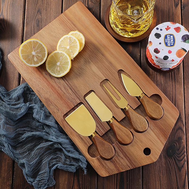 4-Piece Acacia Wood Cheese Board & Stainless Steel Knife Set