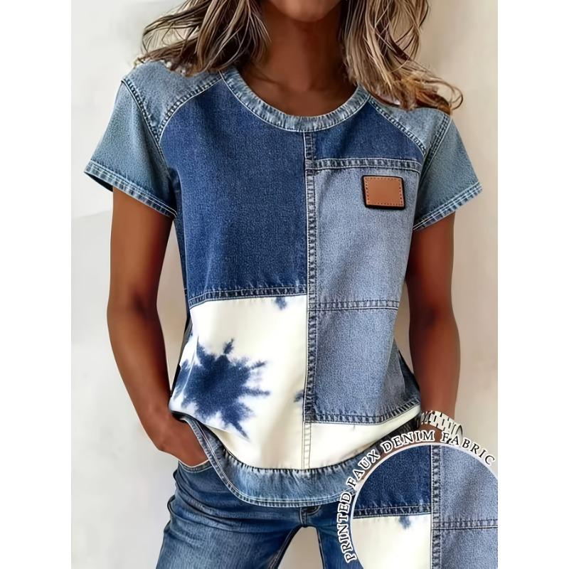 

Gavin s targeted development of European and American fashion hot-selling new checkered denim printed round neck short-sleeved T-shirts XL