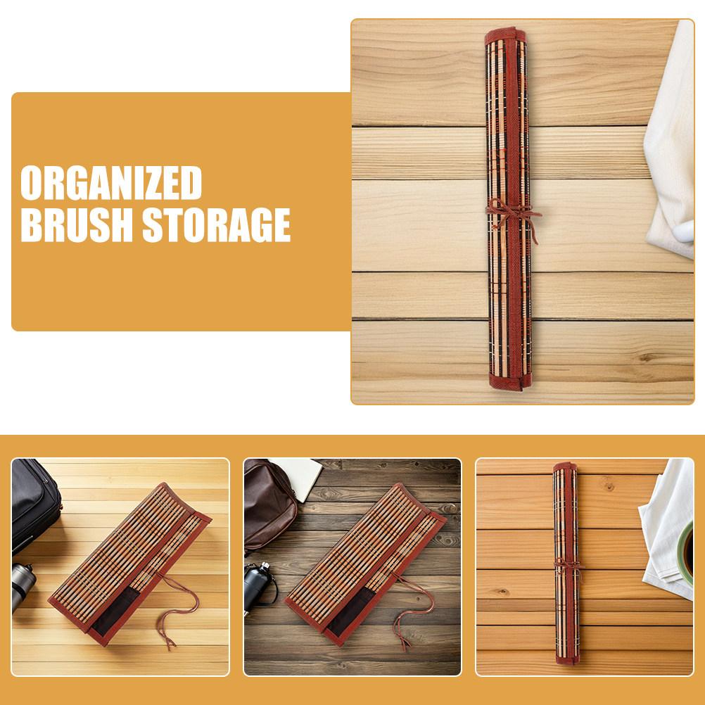 2Pcs Vintage Bamboo Calligraphy Brush Roll Organizer Paint Brush Holder Portable Pen Painting Tool Case for Beginners Travel