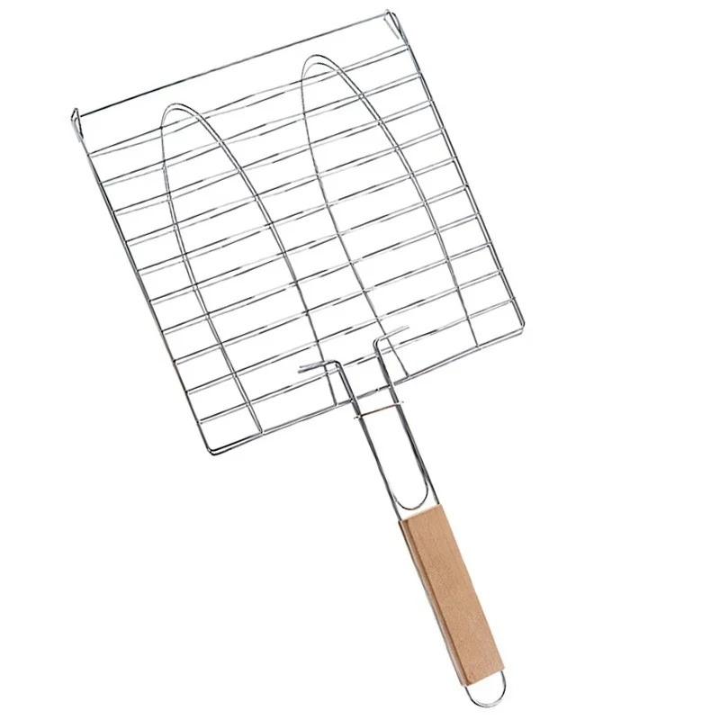 

Stainless Steel BBQ Grill Net With Chrome Plated And Hardwood Handle Fish Meat Grill Barbecue Clip Clamp Folder Net BBQ Tools