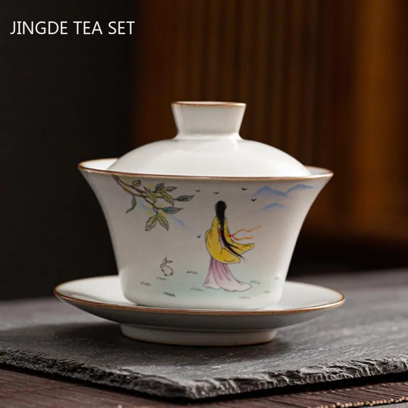 Chinesische Ru-Ofen Keramik Gaiwan Reise-Teeschale Haushalt Handgefertigte Teegeschirr-Zubehör Trinkgeschirr Tragbar Persönliche Teetasse 150ml