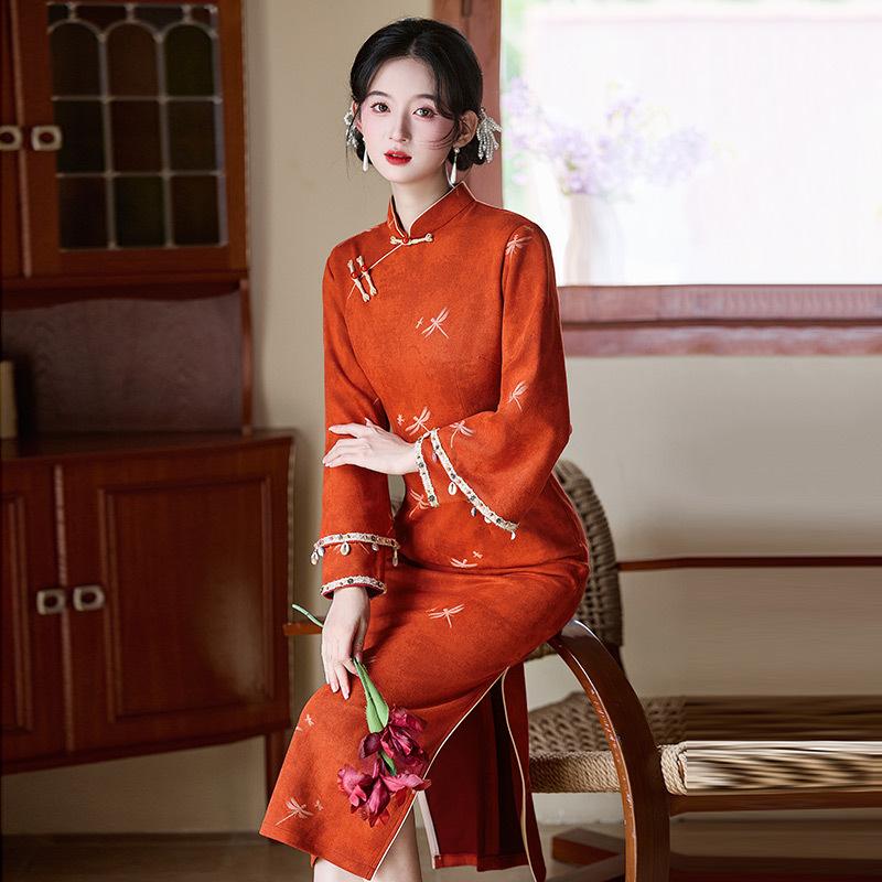 Orange National Style Chinese Autumn Long-sleeved Cheongsam Improved Young Women's High-end Sense Retro Slim Waist Autumn and Winter