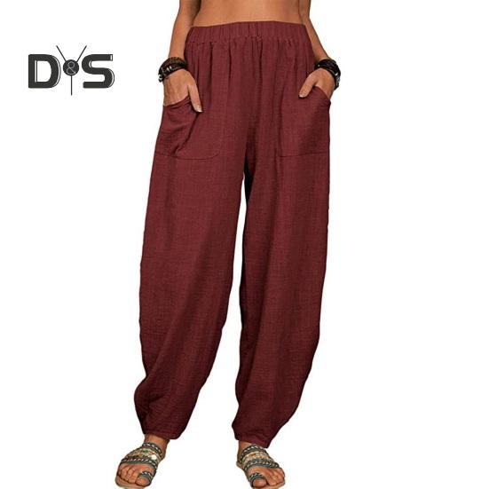 Damen Freizeithose, elastische, hohe Taille, einfarbig, Haremshose mit Taschen, lockere Passform, atmungsaktiv, lange Hose für den Alltag