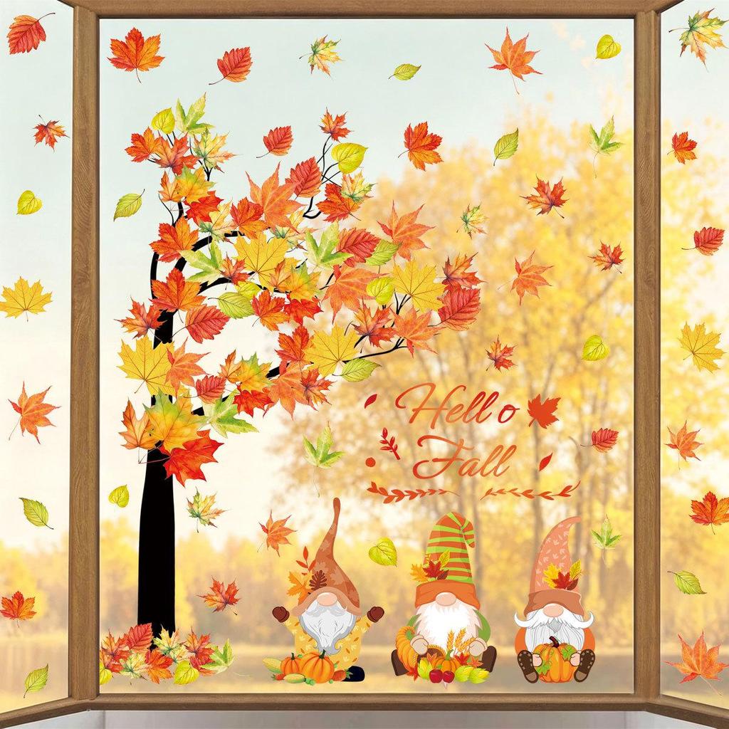 Thanksgiving Autumn Gnome Maple Tree Window Stickers for Family Shops