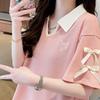 Large size fat mm waffle polo collar short-sleeved t-shirt women's summer new loose and thin bow top