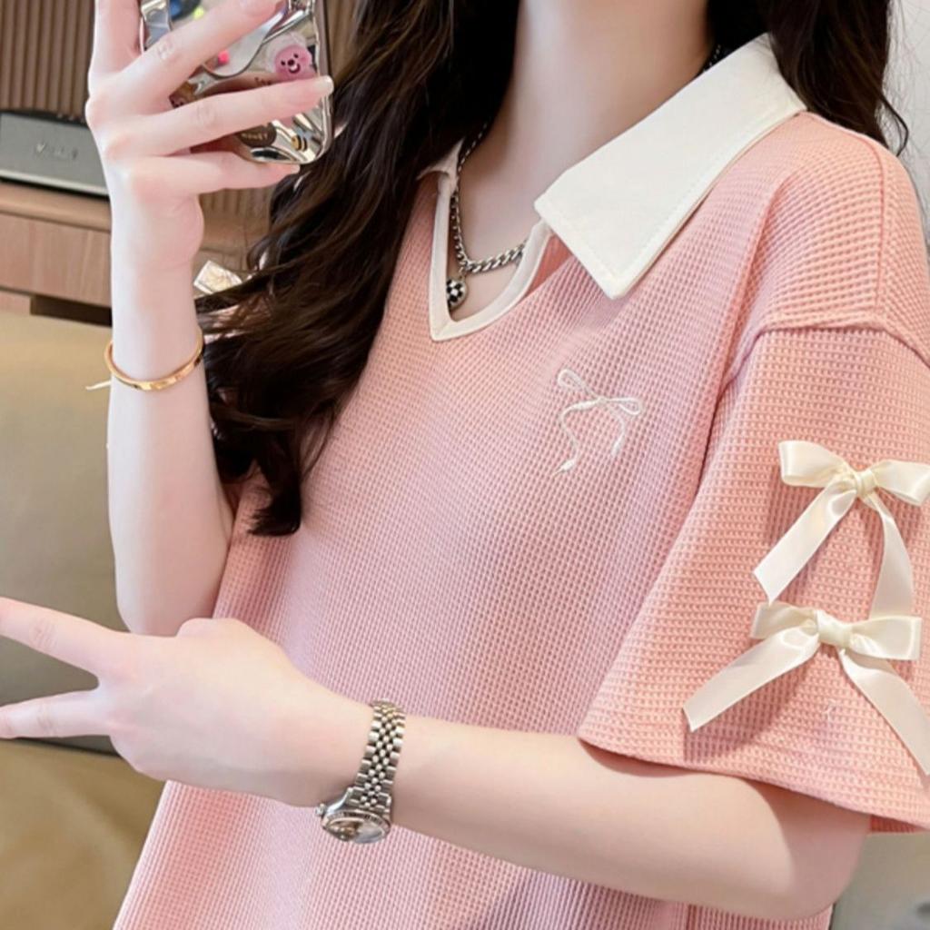 Large size fat mm waffle polo collar short-sleeved t-shirt women's summer new loose and thin bow top