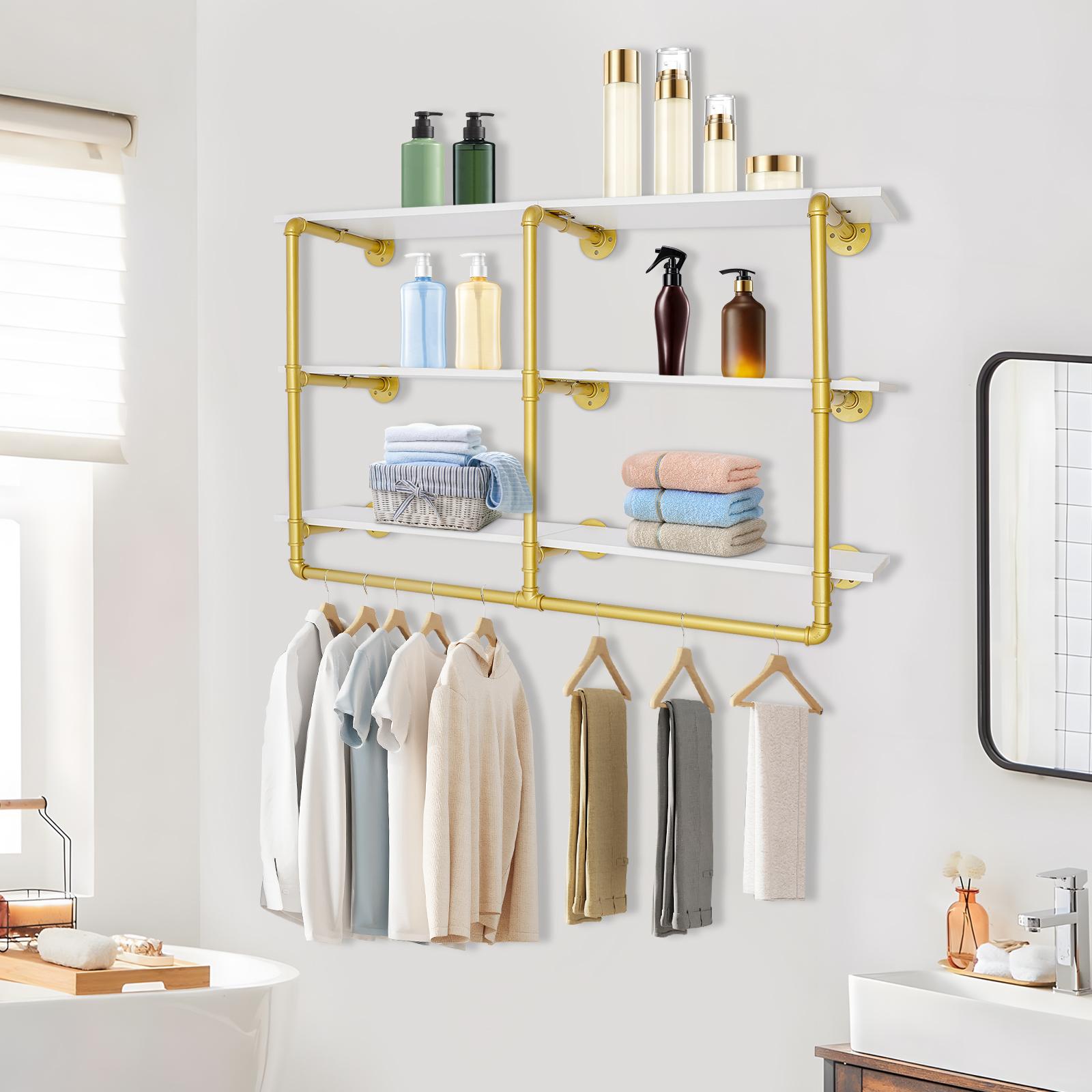 

3-Tier Wall Mounted Clothing Rack with Shelves, Industrial Pipe Design, Holds 100 lbs, Space Saving Storage Organizer for Closet золотой