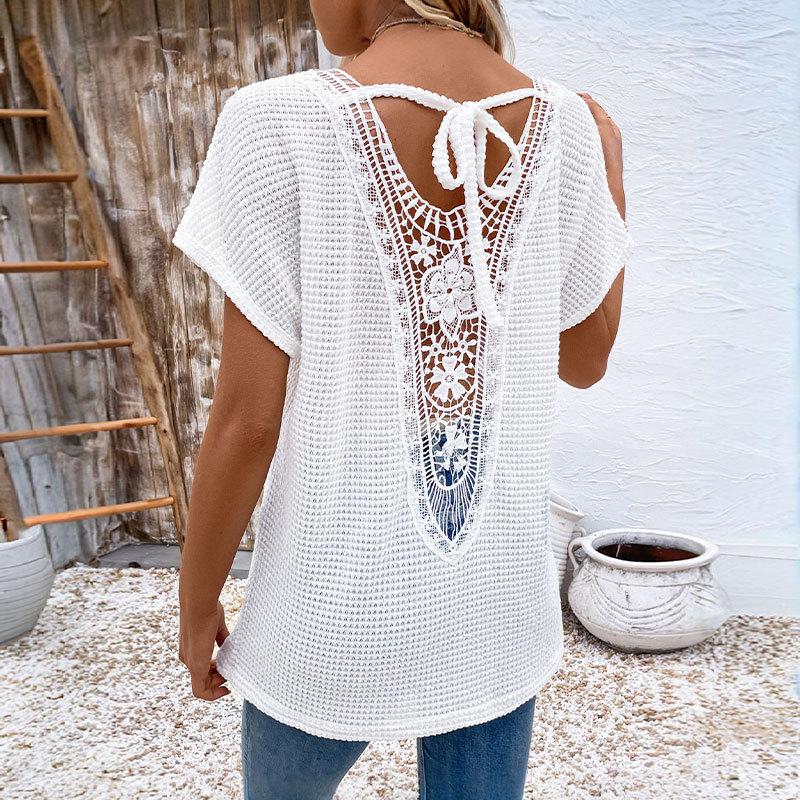 2025 Summer New Women's White V-Neck Short Sleeve Hollow Casual T-Shirt