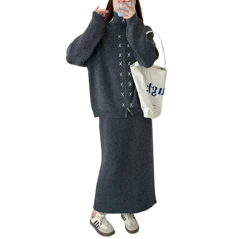 Double Zipper Lapel Sweater Women's Suit Autumn and Winter New Lazy Medium and Long Skirt Knitted Cardigan Two-piece Set