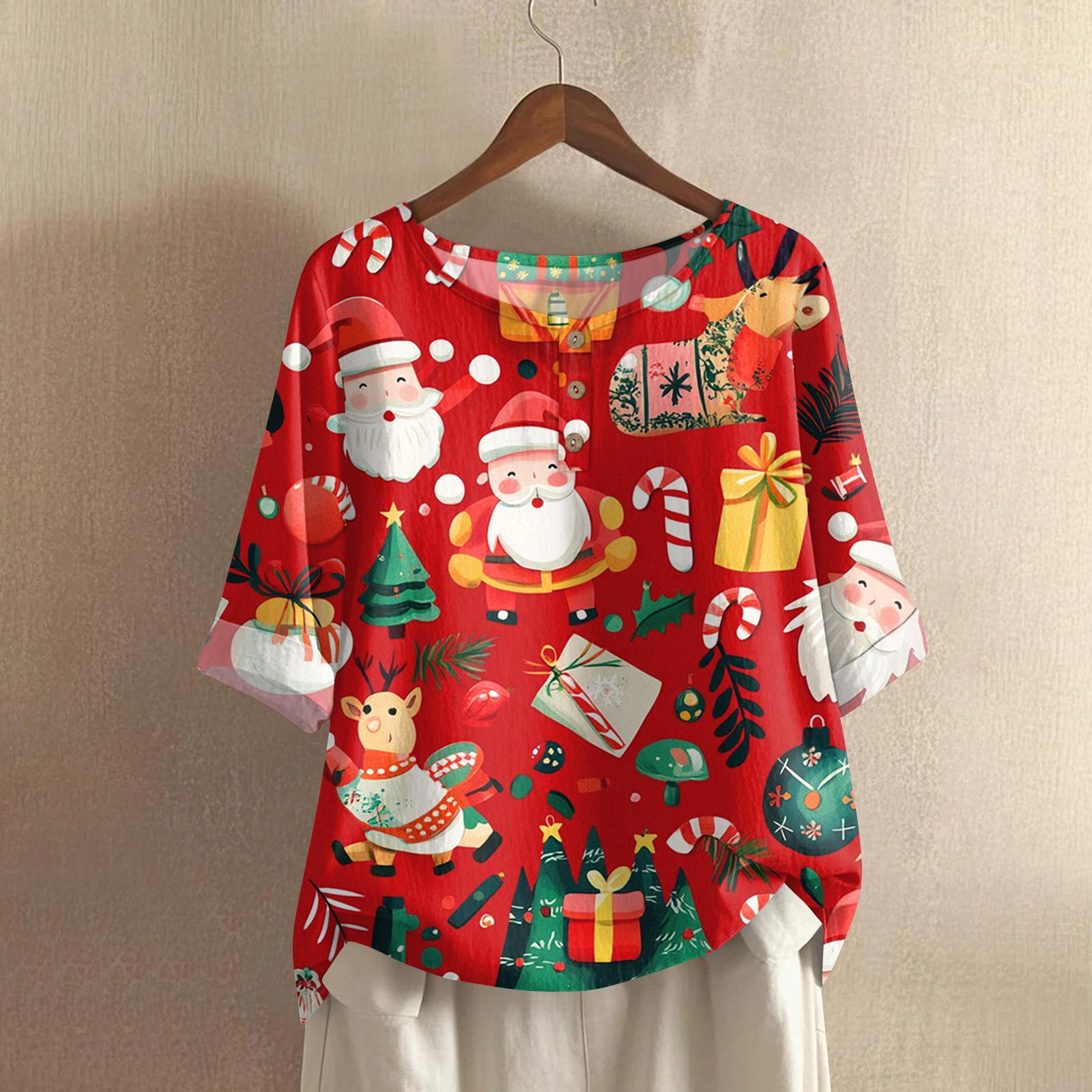 

Women s Fashionable And Casual Shirt Half-sleeve Round Neck Print Cotton And Linen Blouse Top XL красный