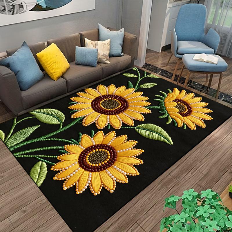 3D Sunflower Pattern Carpet with Black Background for Home Decor Suitable for use as an anti-slip for living room bedroom sofas