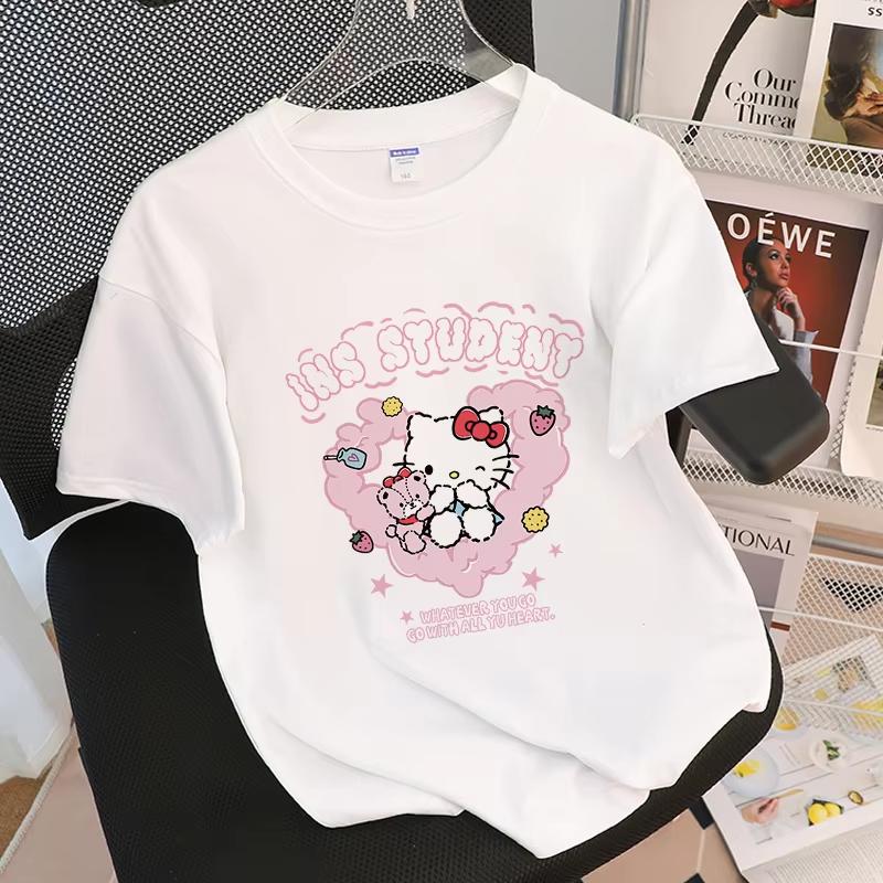 

Hello Cat Love Cute Style Girls TShirt Short Sleeve Letter Loose Top Casual Cotton Short Sleeve Plus Size S