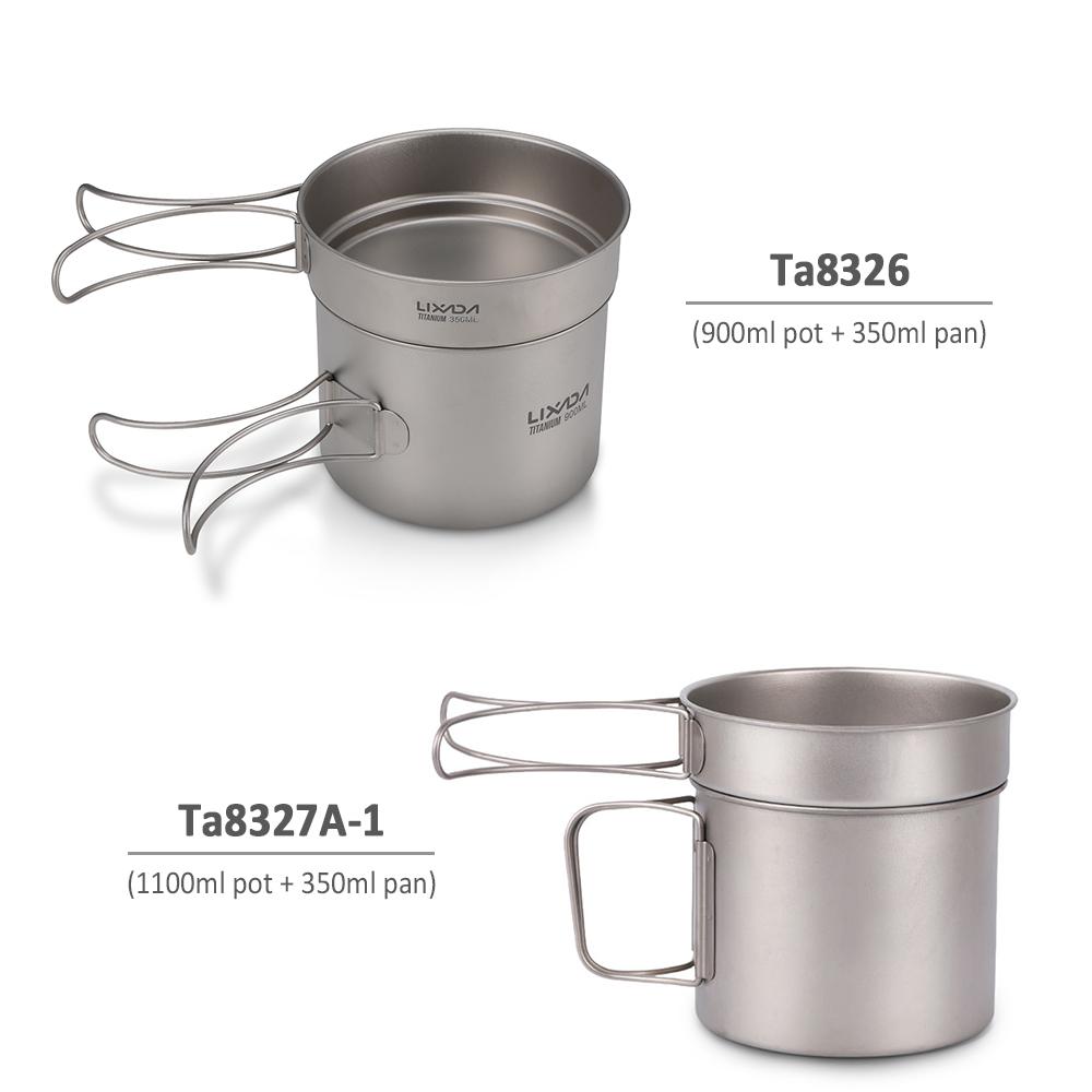 

Lixada Ultralight Titanium Cookset Outdoor Camping Cookware Set 900ml Pot and 350ml Fry Pan with Folding Handles 900ml pot with 350ml pan