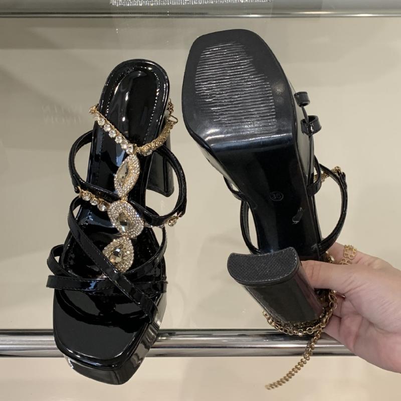 Fashion Luxury Bling Rhinestone Brand Sandals Women Fashion Square Toe Metal Chain Designer Shoes Super High Heel Sexy Party Dress Shoes
