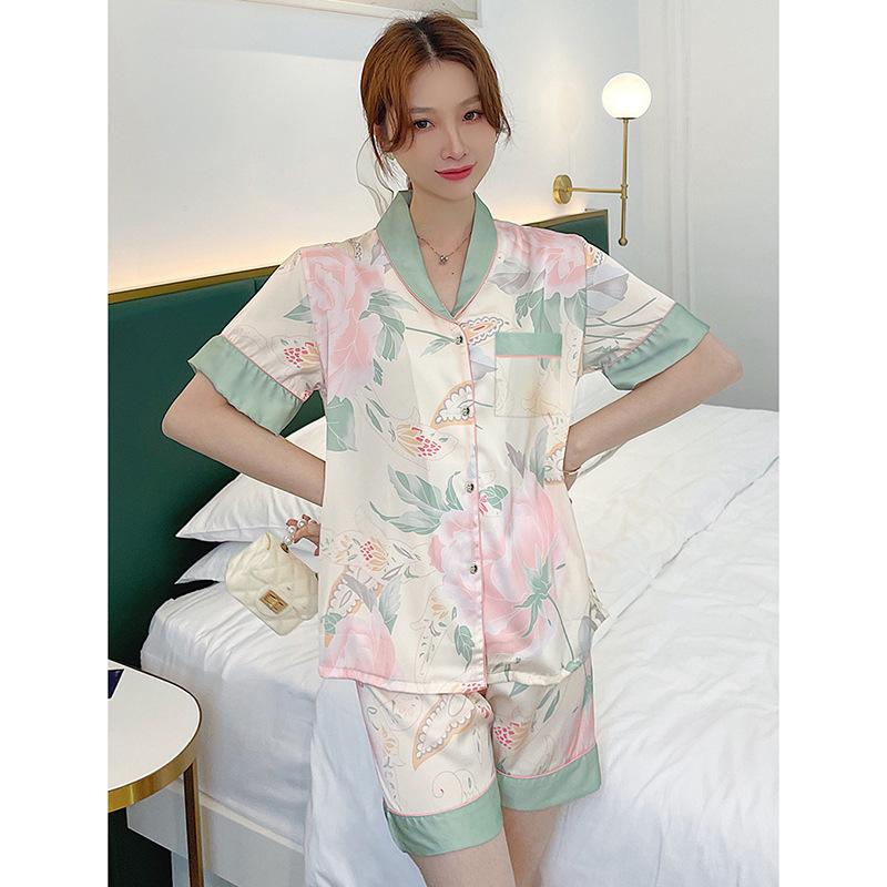 High-Value Long-Sleeved Pajamas For Women'S Spring And Summer New Small Fresh Lotus Flower Silky Loungewear Set, Real Shot