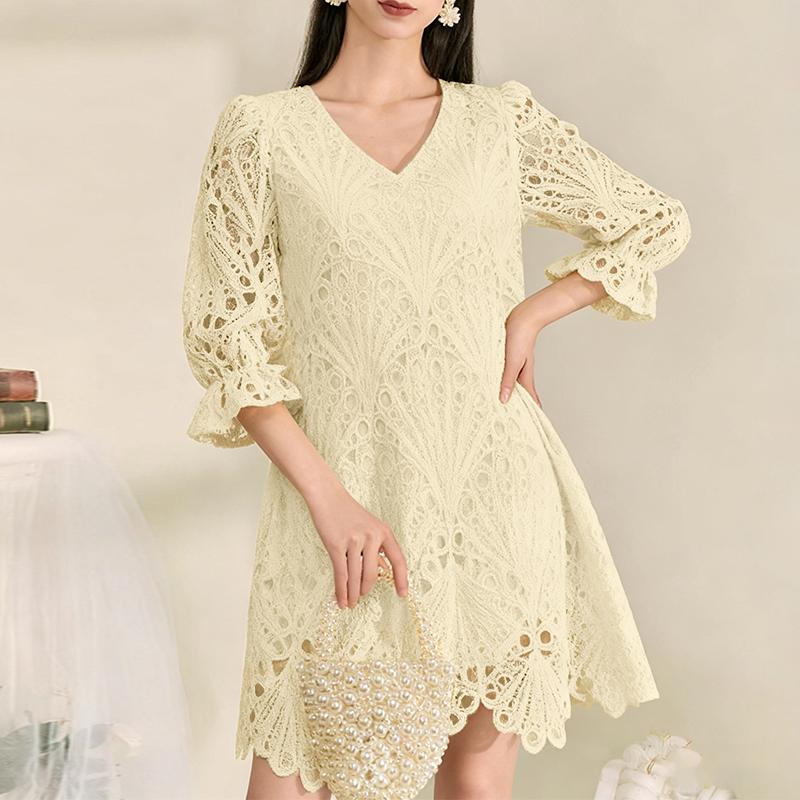 ZANZEA Women Casual V-Neck 3/4 Sleeve Patchwork Lace Dress