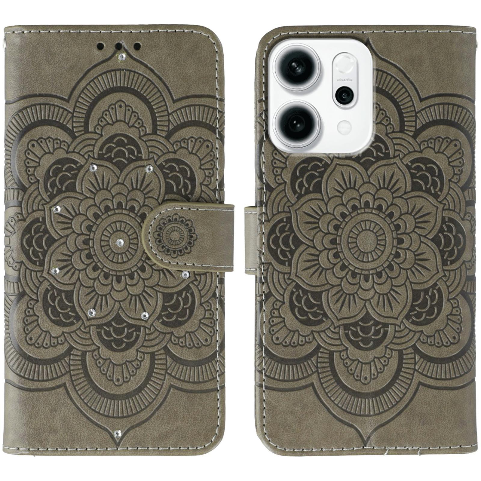 

For Oppo Reno14 F 5G Case Rhinestone Decor PU Leather Mandala Imprinted Design Phone Cover with Wrist Strap Grey