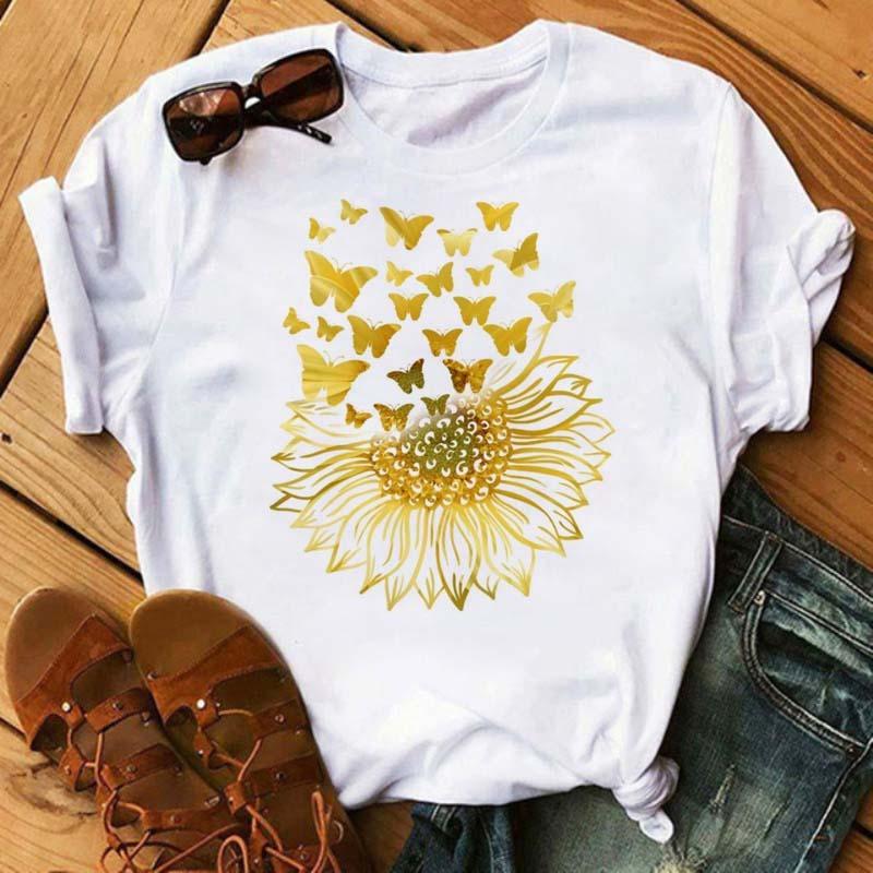 Women's T-shirt Casual Kawaii Sunflower Butterfly Pattern Print Tshirt Comfortable Casual Women's Clothing
