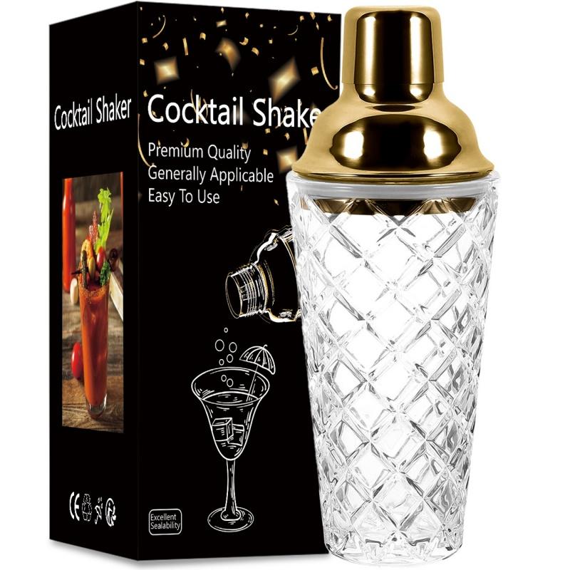 Shaker à cocktail simple en verre Couvercle en acier inoxydable Filtre Motif tressé/ananas Verre à mélange Shaker à cocktail Verre Outils de bar