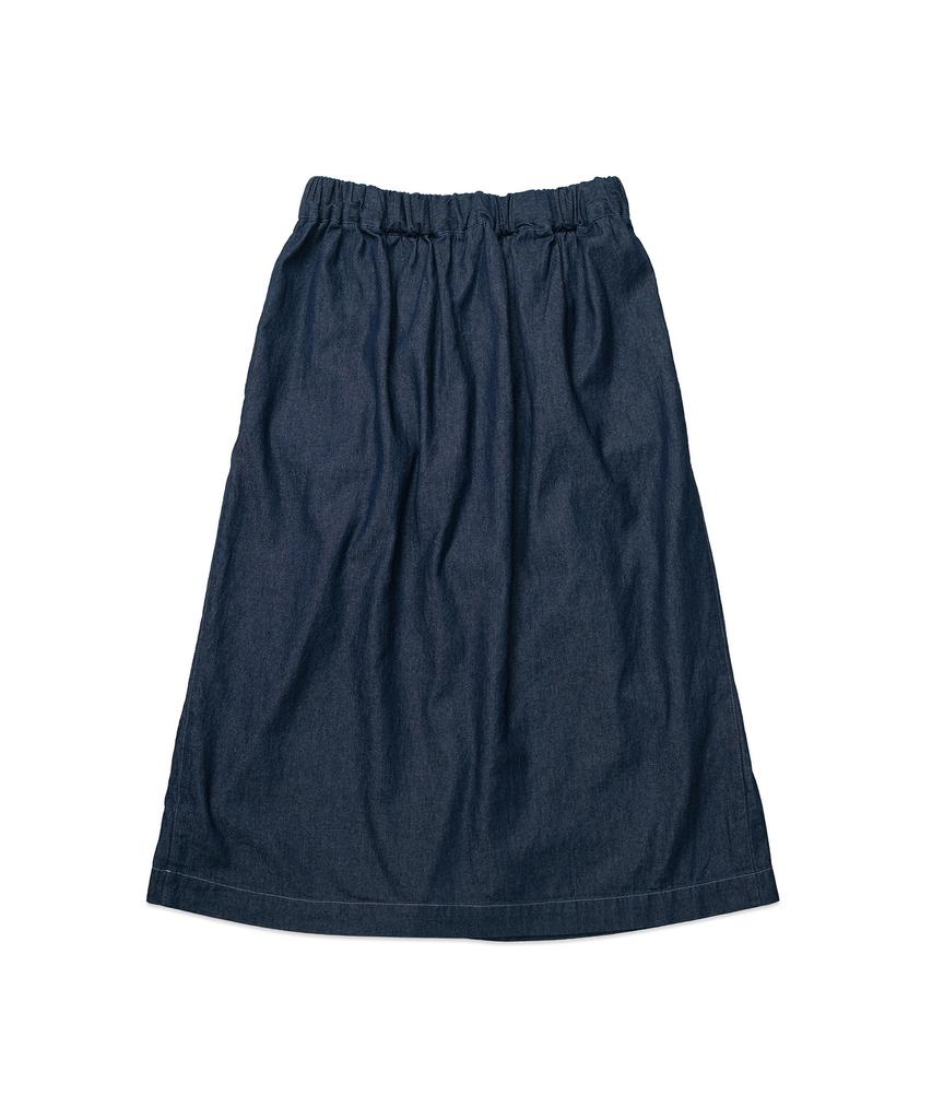 Cotton Bell Waist Belt Shirred Denim Skirt - Indigo