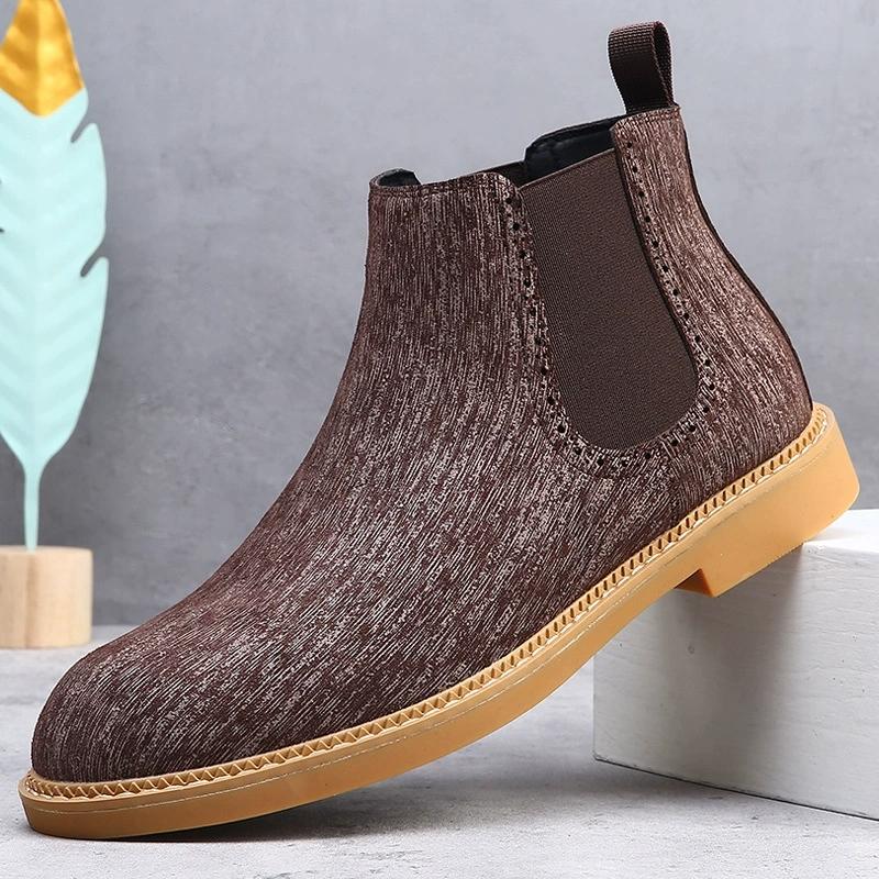 Bottines Chelsea pour hommes en velours noir et marron, chaussures habillées à la cheville haute, chaussures de marche pour hommes, bottes habillées Chelsea résistantes à l'usure Botas de Hombre