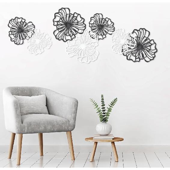 7 Piece Metal Wall Decor for Living Room, Boho Double Layered Iron Flower Wall Hanging Art, Aesthetic Indoor Metal Wall Sculpture Decor for Bedroom