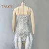 Women Evening Dress Sequin Fluffy Fur Decor Sleeveless Off Shoulder Skinny Sheath Backless Prom Banquet Mini Dress Wedding Bride Dress