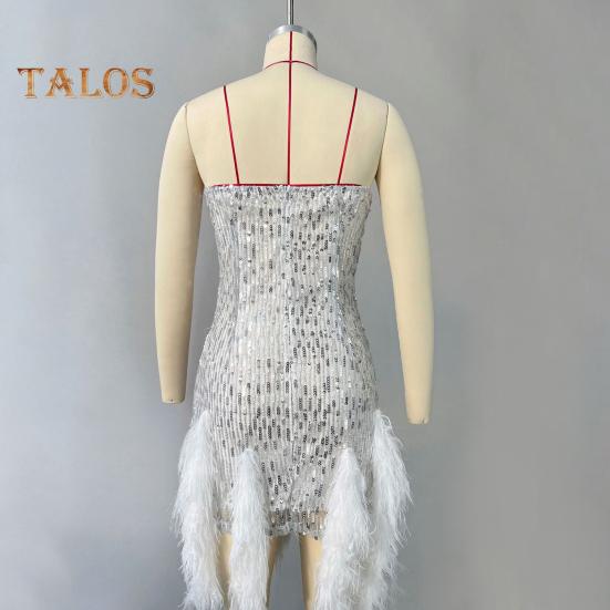 Women Evening Dress Sequin Fluffy Fur Decor Sleeveless Off Shoulder Skinny Sheath Backless Prom Banquet Mini Dress Wedding Bride Dress