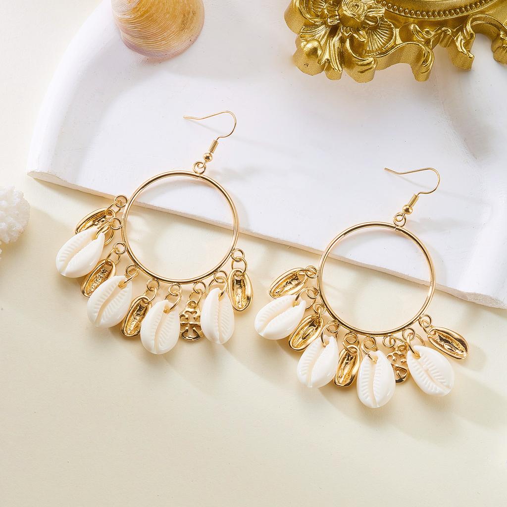 Bohemian Shell Starfish Turquoise Bead Large Hoop Earrings for Women Metal Conch Seashell Circle Dangle Earring Vacation Jewelry