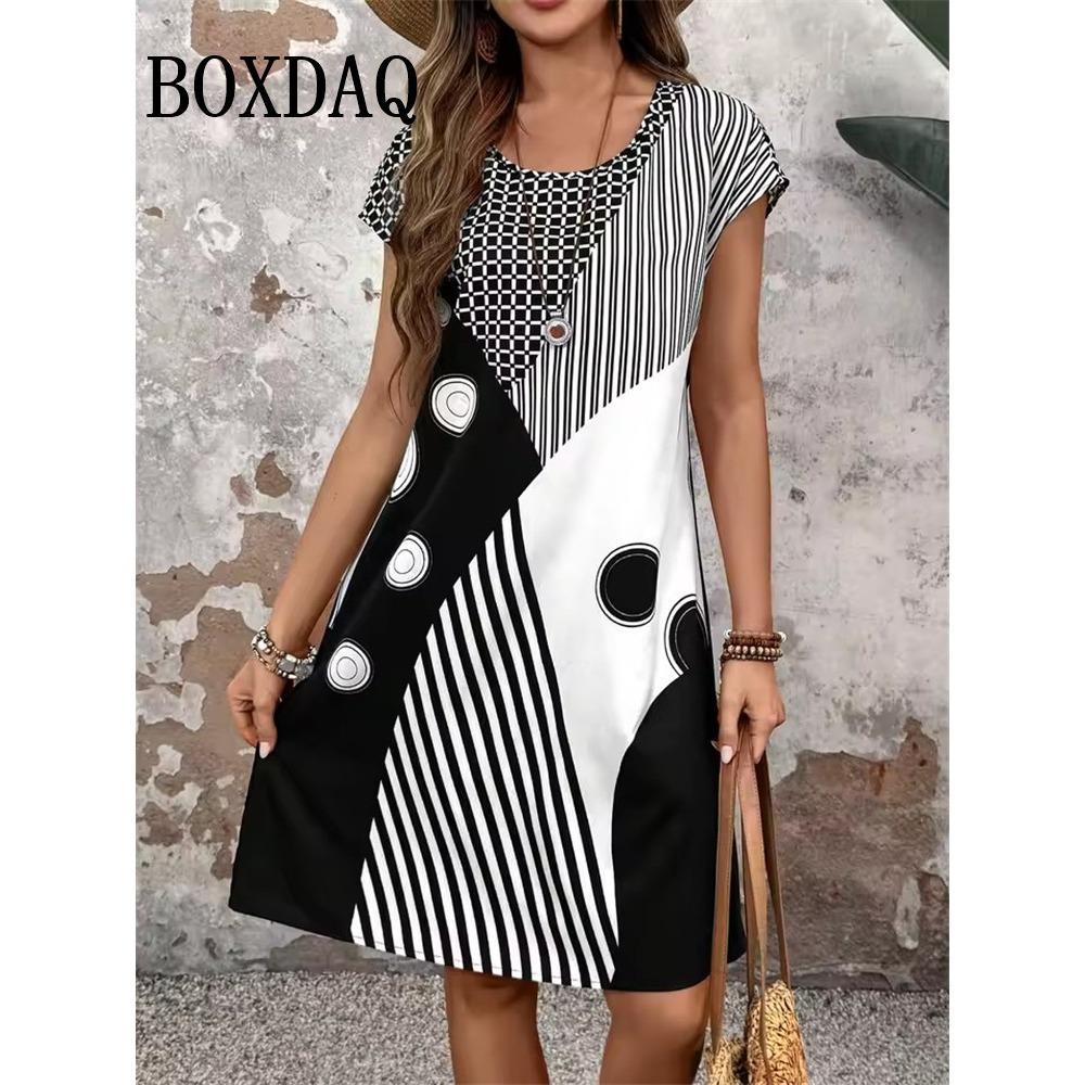 Summer Fashion Abstract Floral Printed Dress Loose Casual Striped Short Sleeve Dresses Beach Vacation Dress Ladies Clothes S