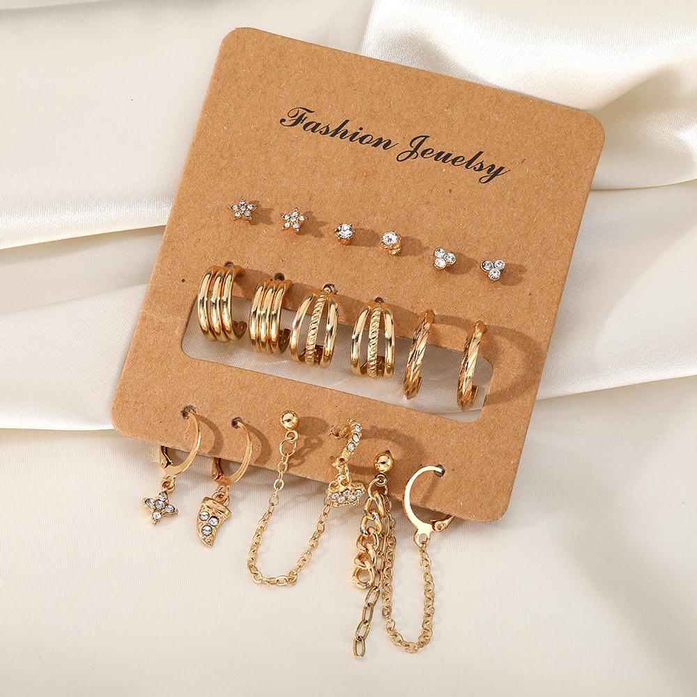 18-teiliges Set Studentenzubehör Geschenk Diamant Deluxe Ohrring Set Dreilagige Ohrringe Mädchen Party Quaste Hohl Schmetterling Süßes Ohrring Set