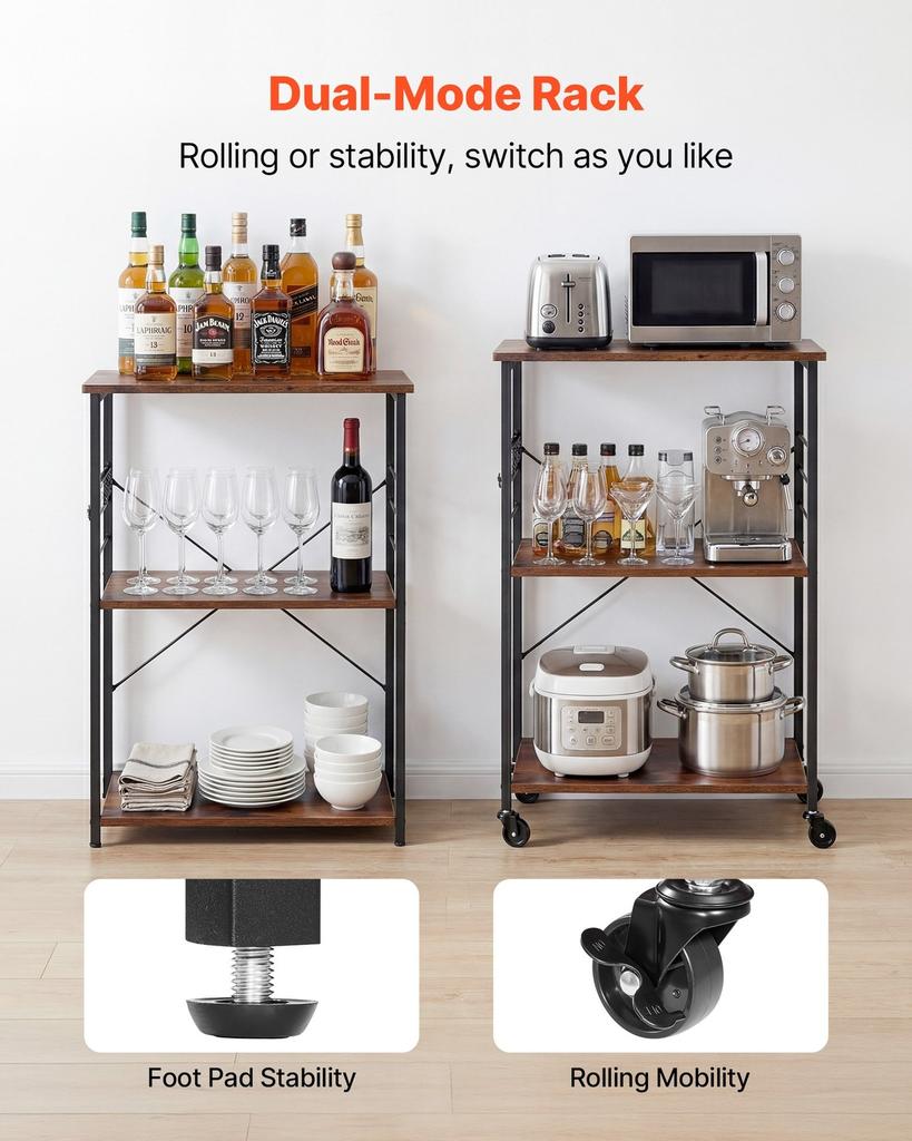 Kitchen Utility Cart, 3 Tier 60 Cm Microwave Stand Coffee Cart, Heavy Duty Storage Rack, Service Trolley On Wheels, Industrial Rolling Work Table with