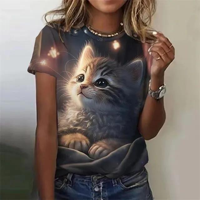 Sommar Rundhals 3D Kattryck Topp Trendiga Vardagliga Kortärmade Dam T-shirts