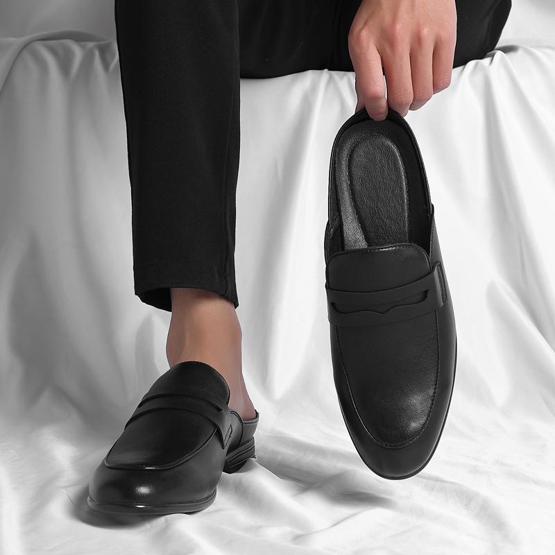 Genuine Leather Classic Black Men Half Summer Shoe for Men Mules Casual Designer Shoes Fashion Loafers Luxury Soft Slippers 2024