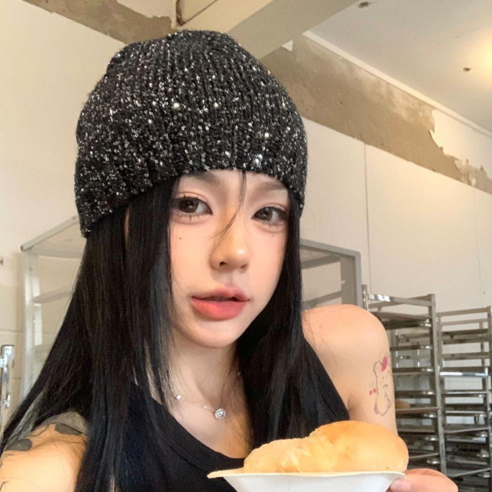 Hollow Beanie Hat Vintage Woven Cap Casual Sequin Knitted Hat  Winter