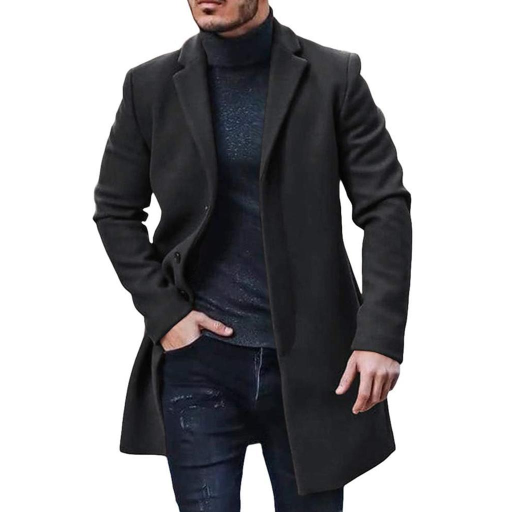 Trench Coat Men Wool Blend Coat Notched Collar Single Breasted Overcoat Business Casual Winter Jacket With Pockets