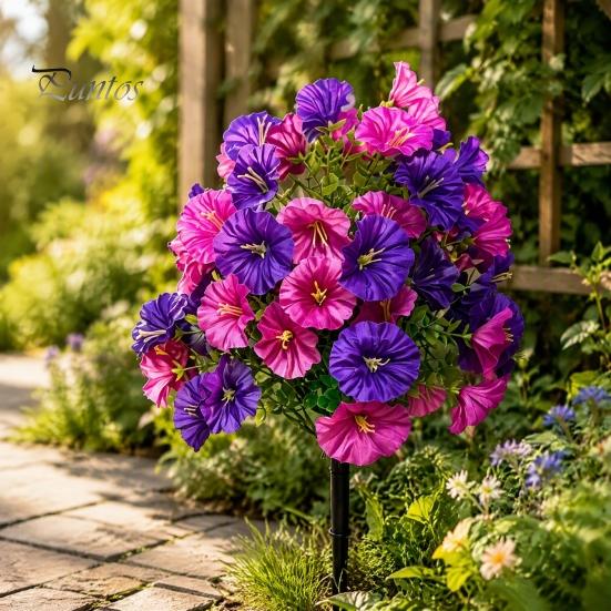 Outdoor Decorative Floral Arrangement Artificial Petunia Flower Stake, Fake Morning Glory Ground Stake Flower, Patio Garden Accents UV?Resistant