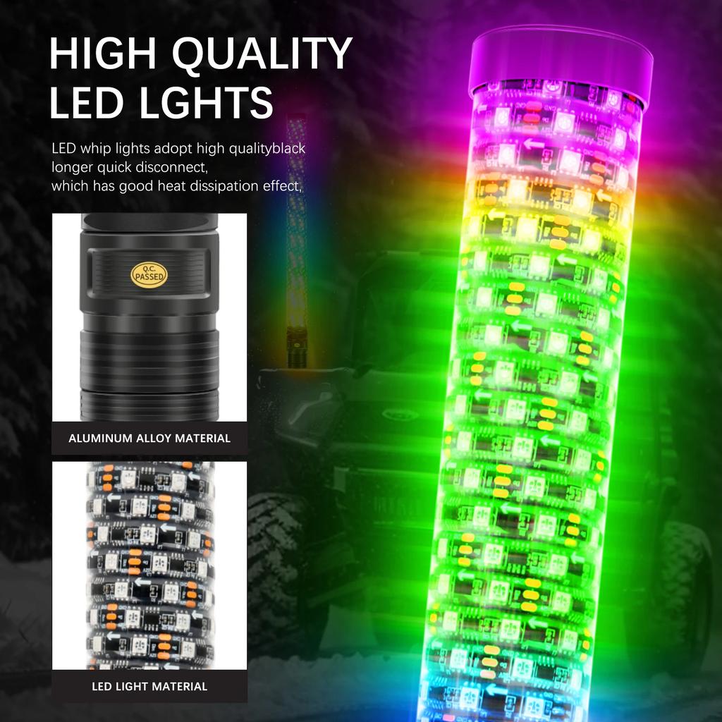 2PCS 2FT LED Whip Lights Remote Control Flagpole Antenna Whips for UTV ATV Off Road Truck Sand Buggy Dune RZR