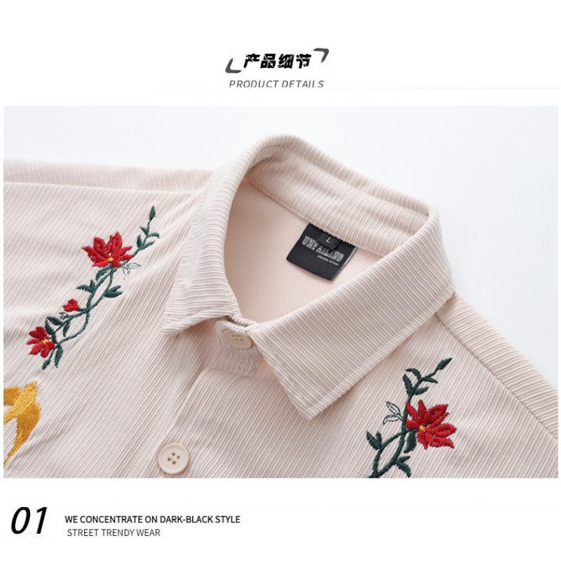 Men's Floral Swallow Embroidered Oversized Short Sleeve Button Down Shirt Casual Streetwear Top