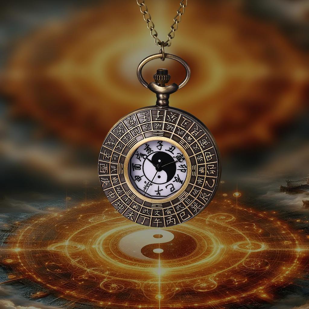 Pocket Watch Taiji Bagua Yin Yang Antique Pendant Watch Analog Display Waterproof Pocket Watch Chinese Style Necklace Sweater Chain Bronze Birthday