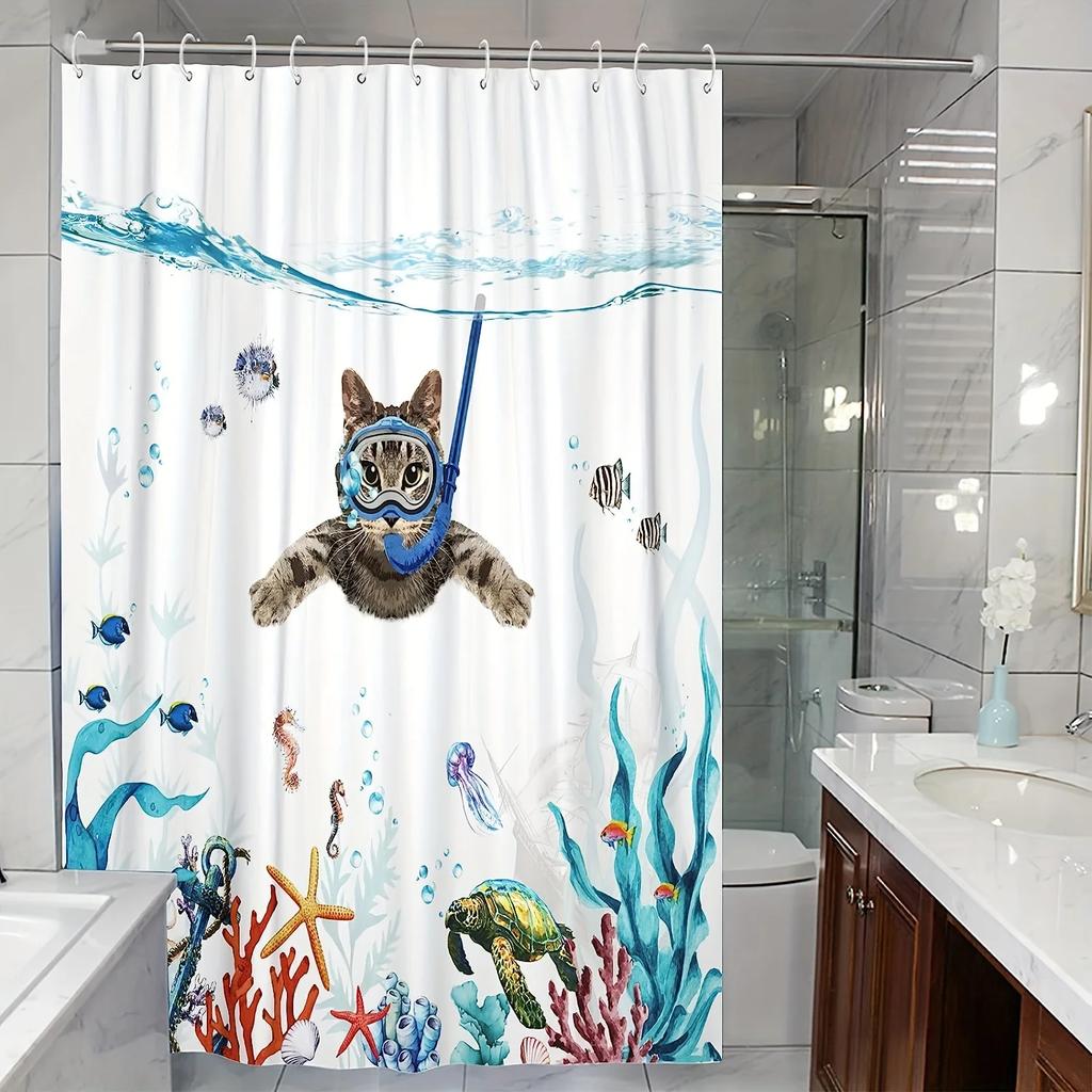 Shower Curtain: Adorable Cat Scuba Diving with Tropical Sea Life for a Fun and Whimsical Bathroom Decor