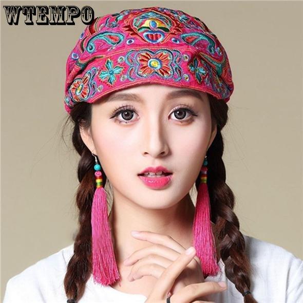 WTEMPO Women Casual Mexican Style Ethnic Vintage Embroidery Flower Black Blue Pink Red Printed Hats