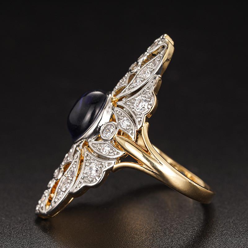 CopperLuxury Two Tone Zircon Flower Rings for Women Oval Blue Imitation Opal Stone Rings Gorgeous Lady Jewelry