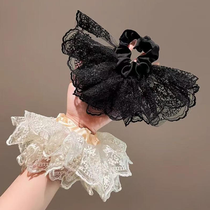 Sweet Double Layered Lace Flower Hair Scrunchies For Women Long Ribbon Bow Tie Girls Big Ruffles Bands Accessorie