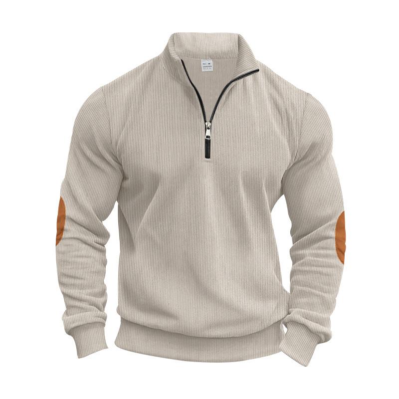 New Men's Autumn Casual Corduroy Solid-Colour Elbow-Patch Zip-Up Hooded Sweatshirt with Stand-Up Collar