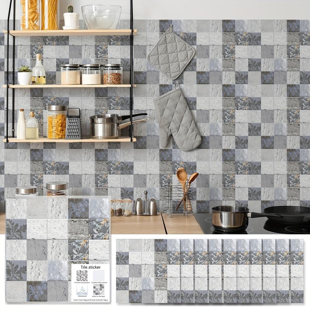 1Set (10Pcs) Vintage Floral Ceramic Tile Wall Stickers - Self - Adhesive, Waterproof & Grease - Resistant for Kitchen Home Decor